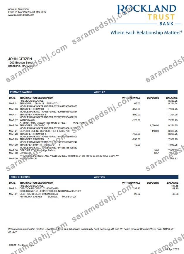 USA Massachusets Rockland Trust bank statement